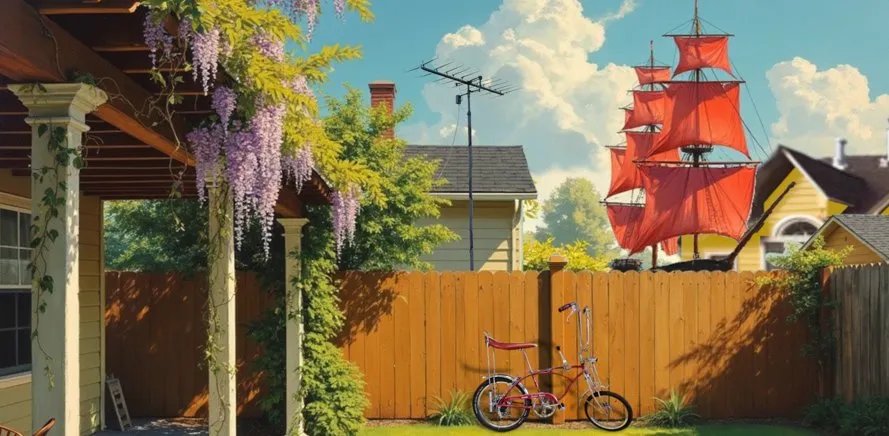 A California backyard — a bicycle against the fence, scarlet sails rising above it
