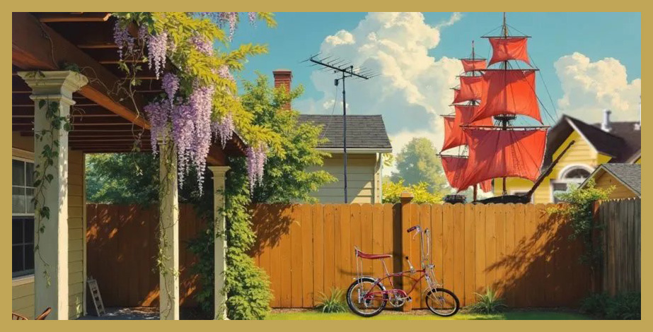 A California backyard — a bicycle against the fence, scarlet sails rising above it