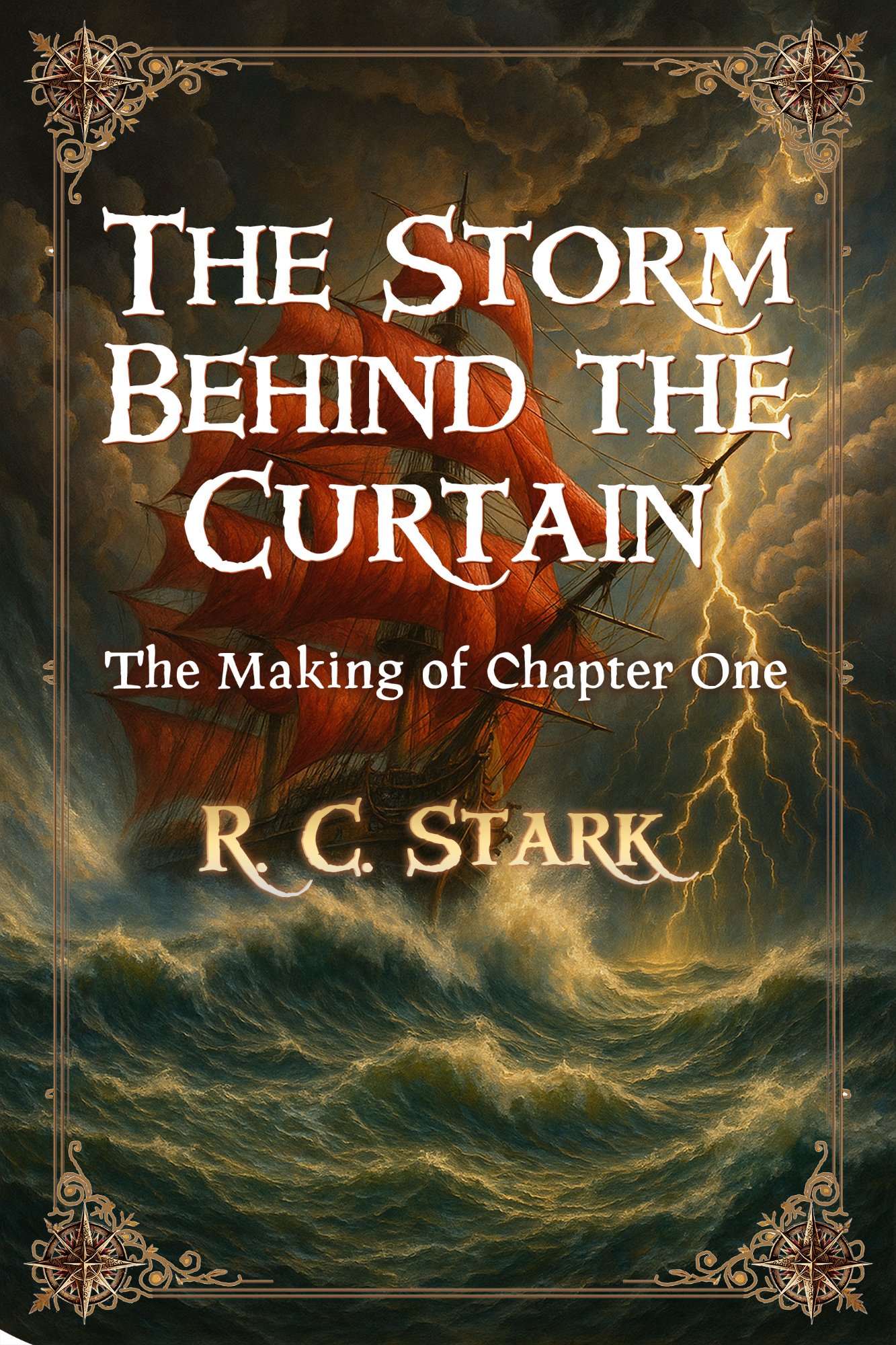 The Storm Behind the Curtain — cover art showing a brigantine under scarlet sails battling a storm at sea